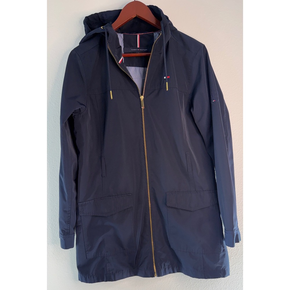 Tommy Hilfiger Navy Blue Rain Jacket Hooded Utility Outdoors Preppy Medium